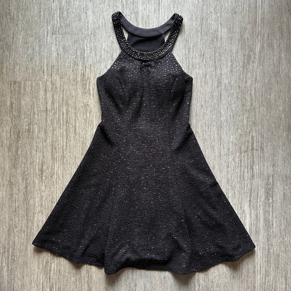 Betsy & Adam Black Sparkly Beaded Scoop Neck Fit and Flare Mini Dress Size 4